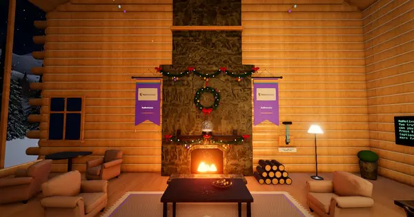 Your banners beside the chalet fireplace