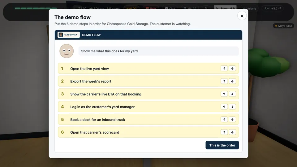 The demo room in the Harborview demo: the customer asks to see the yard, and six demo steps to put in the right order