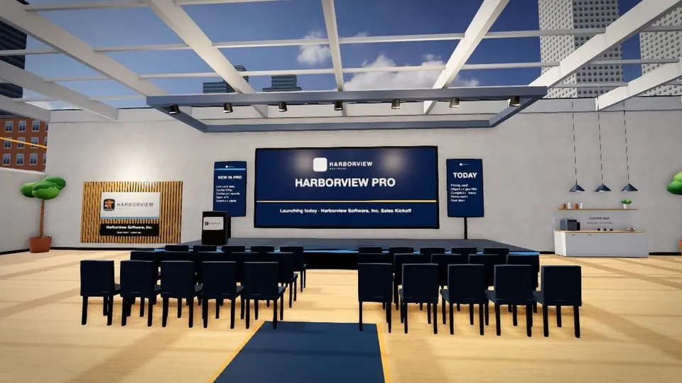 The Harborview Pro launch stage in the Close the Deal demo: the kickoff hall with the launch screen and the doors to the five rooms