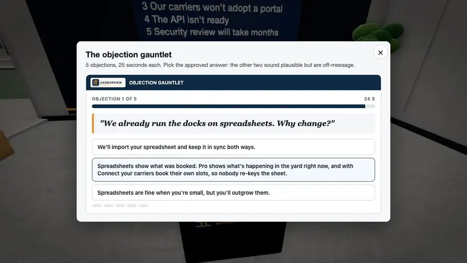 The objection gauntlet in the Harborview demo: a customer objection, a 25-second timer and three possible answers