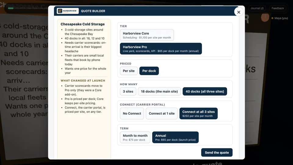 The pricing vault in the Harborview demo: the customer brief, the launch changes and the quote builder with a tile per row for tier, unit, quantity, carrier portal and term
