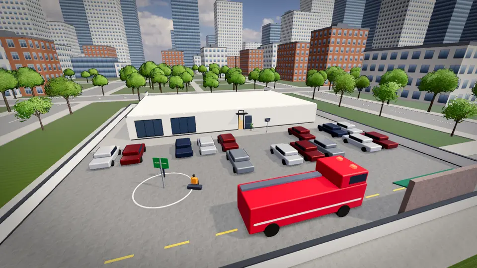 Clear the Floor at Harborview: the one-floor office from above, the parking lot, the assembly point and a fire engine