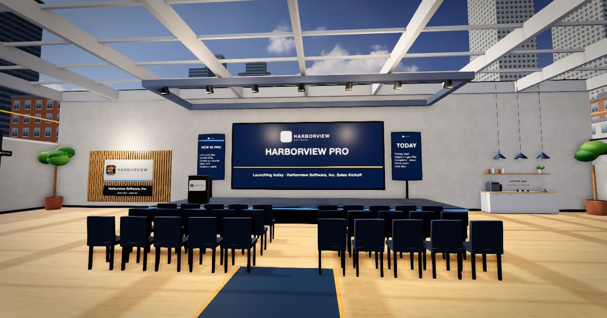 The Harborview Pro launch stage in the Close the Deal demo: a bright hall under a glass roof, rows of seats and the launch screen