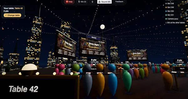 The rooftop at night, tables facing the big screen